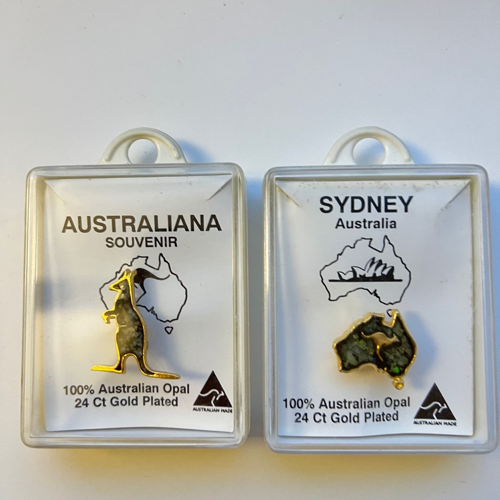 Two New in Box 100% Australian Opal 24ct gold plated Souvenir pins